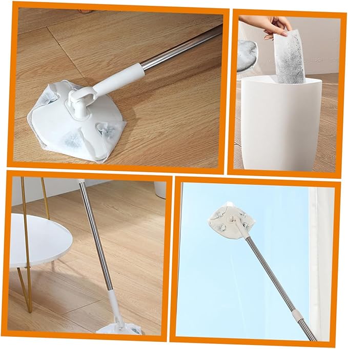 ARTIBETTER Rotatable Dust Mop with Face Towel Replacement Triangle Shape Household Cleaning Mop White Extendable Handle Hand-Free Washing for Floors and Surfaces