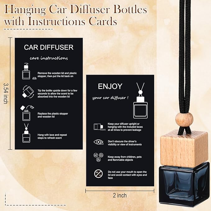 200 Sets Car Diffuser Bottles Empty Bulk Hanging Car Air Freshener Diffuser Bottles Bulk Glass Perfume Holder with Instruction Cards for Essential Oil Fragrance Pendant(SquareBlack)
