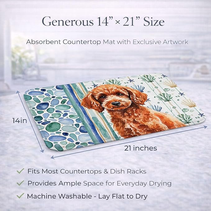 Caroline's Treasures Toy Red Poodle Coastal Sea Glass Dish Drying Mat Absorbent Dish Drying Mat Pad for Kitchen Counter Dish Drainer Mat for Countertop 14 x 21 Multicolor