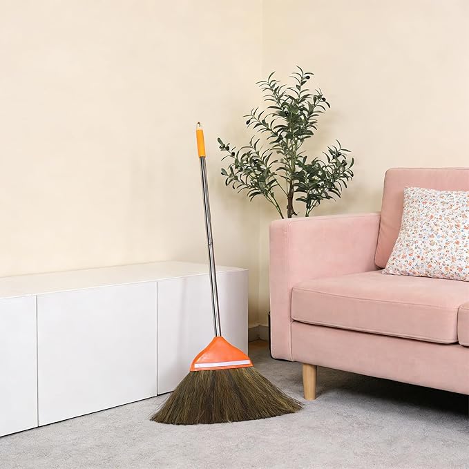 Natural Broom for Sweeping Indoor Outdoor - 41.7 Long Hand Handle Broom - Vietnam Handmade Straw Soft Design for Home Kitchen Garage Bedroom