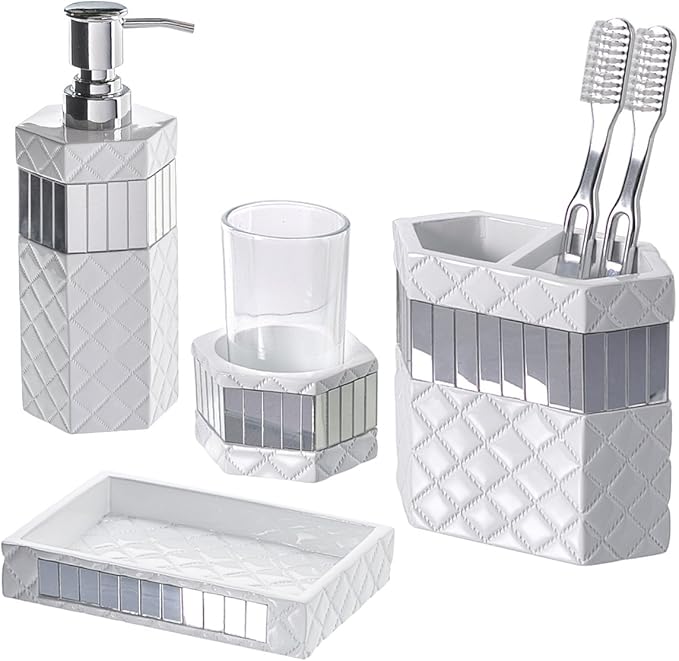 Creative Scents Quilted Mirror White Bathroom Accessories Set - Decorative 4 Piece Bathroom Set - Mirrored Bathroom Accessory Set Includes: Soap Dispenser Toothbrush Holder Tumbler &amp Soap Dish