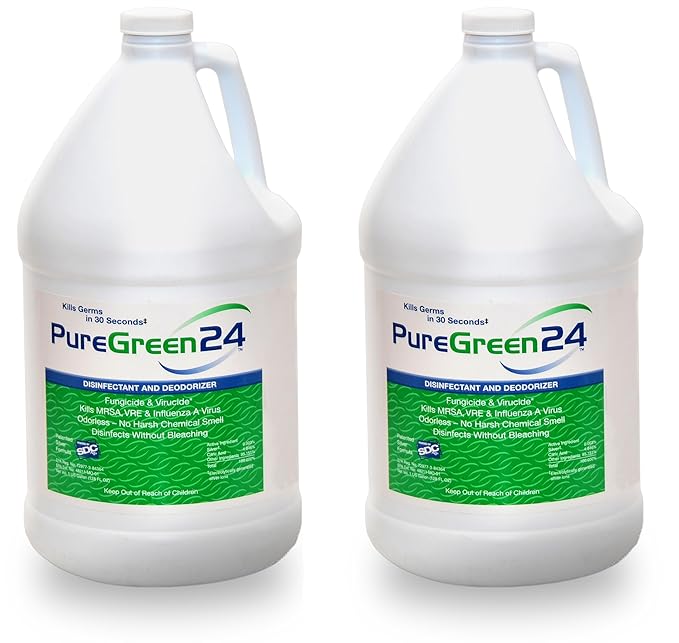 PureGreen24 Institutional pack Safe &amp Effective Disinfectant. Kills Deadly Germs including RSV Norovirus MRSA Staph Infuenza A Contains no toxic chemicals. 2 gallons 6 32oz sprays 10 Microfiber