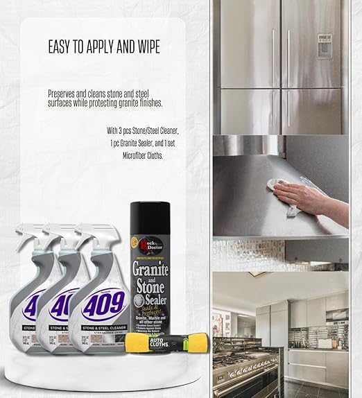 3x Formula 409 Multi-Surface Cleaner 32 oz Spray + Granite Sealer Bundle with Microfiber Towel – Cleans Seals &amp Protects Stone and Steel Surfaces – Gift Set (5 Items)
