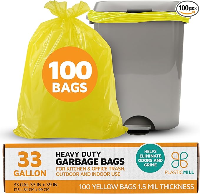 PlasticMill Heavy Duty Trash Bags - Yellow Garbage Bags - Plastic Trash Bags - Tall Trash Bags Trash Can Liners - 33-Gallon Large Kitchen Trash Bags 1.5 Mil 33x39 (100-Count)