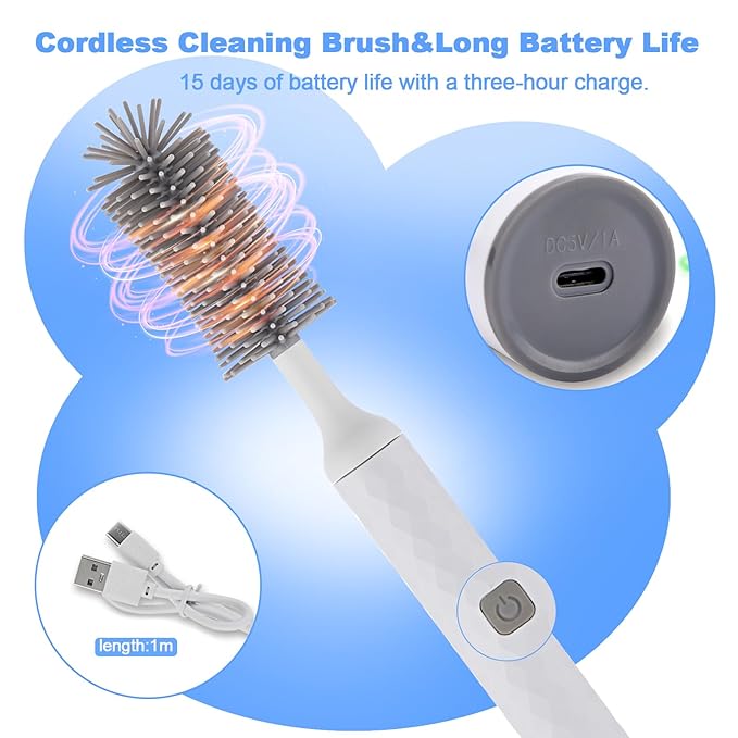 Electric Bottle Brush 4 Piece Bottle Brush Set with Baby Bottle Brush Cleaner Nipple Brush Pacifier Cleaner Straw Cleaner Brush Gifts for Newborns and Mothers White