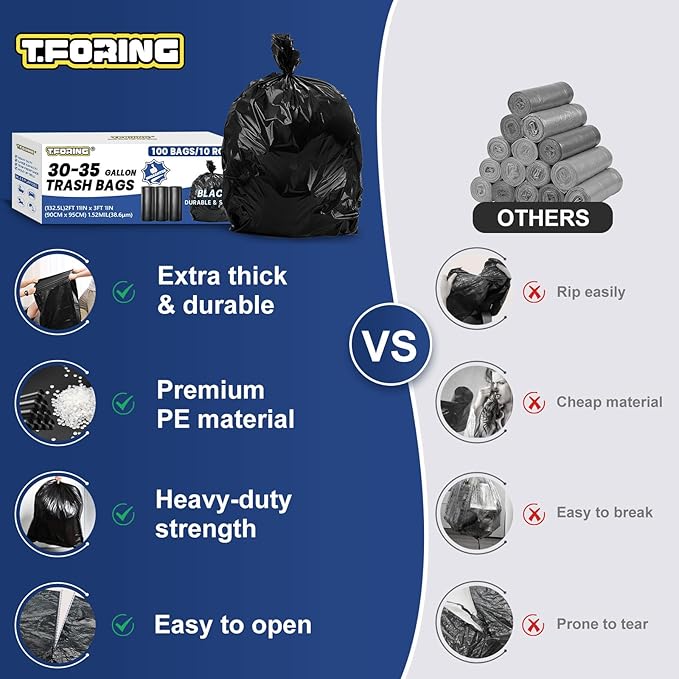 30-35 Gallon Trash Bags Heavy Duty 1.5 Mil - 35 x 37 100 Count Large Black Garbage Bags 30+ Gallon Strong Plastic Trash Can Liners for Home Kitchen Commercial Lawn and Leaf