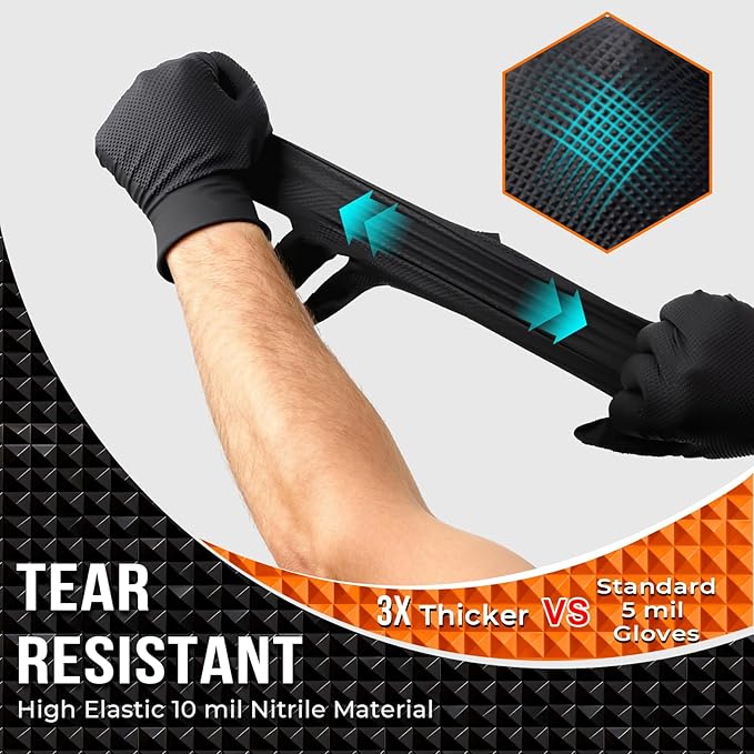 10 Mil Nitrile Disposable Gloves Heavy Duty Mechanic Gloves Raised Diamond Texture Thick (Black of 1000 X-Large)