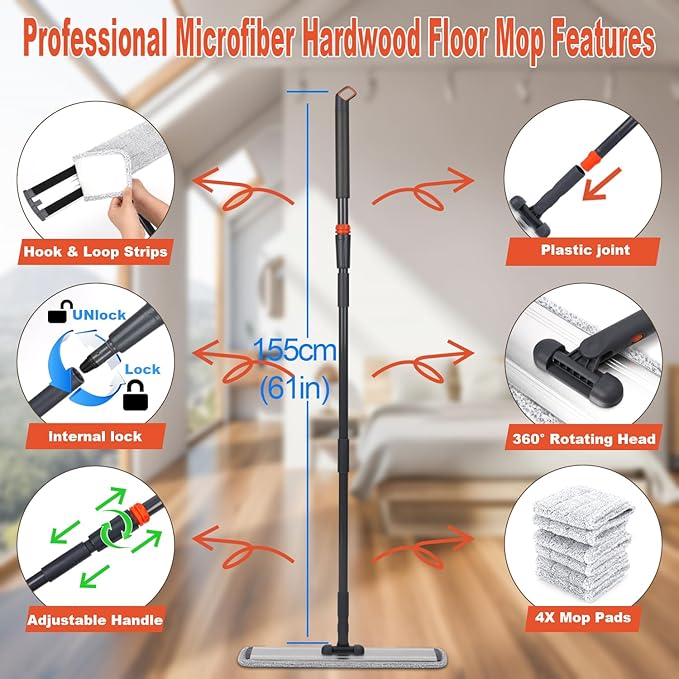 24inch Flat Mop for Cleaning Floors Heavy Duty Microfiber Wet Mop Deep Cleaning for Hardwood Tile &amp Laminate Includes 4 Reusable Washable Pads and Adjustable Long Handle