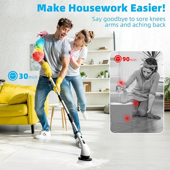 Electric Spin Scrubber Cordless Electric Scrubber for Cleaning Bathroom with Long Handle Electric Shower Scrubber Power Cleaning Brush with 9 Brush Heads for Bathtub Tile Floor Car