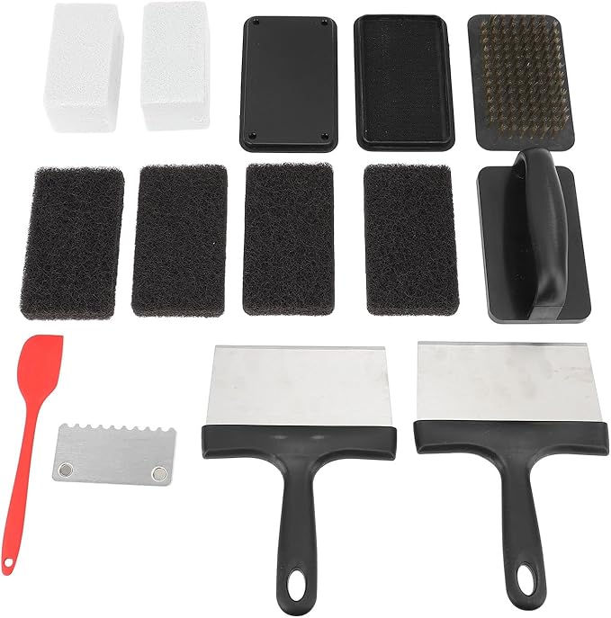 Griddle Cleaning Kit Grill Cleaning Kit with Anti - Hot Handle Sponge and Stainless Steel Scraper Multifunctional BBQ Cleaning Tools for Flat Top Grills and Outdoor Cooking (14Pcs)