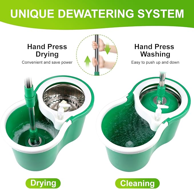 Spin Mop and Bucket with Wringer Set 360°Spin Mop &amp Bucket Floor Cleaning System Mop Bucket with Adjustable Extended Handle 3 Microfiber Replacement Head Refills Green