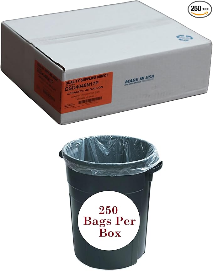 Trash Bags Clear 40-45 Gallon 40 x 48 - (250 Count) Super High Density Rolls 17 Microns (Heavy Duty Trash Liners) | Clear Multi-Use Garbage Bags | Bulk Package | Made in USA | $ Savings $