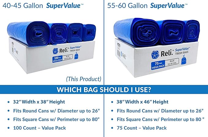 Reli. SuperValue 40-45 Gallon Recycling Bags | 100 Count | Blue Trash Bags