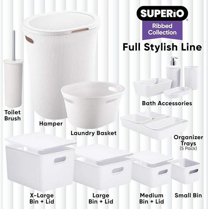Decorative Plastic Toilet Bowl Brush and Holder Set White (2 Pack) Cleaner Scrubber for Bathroom - Ribbed Design