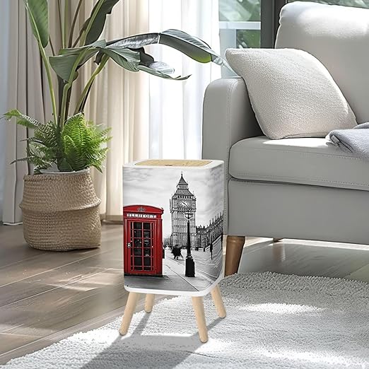 Small Trash Can with Lid London London Telephone boxs Pictures 2.6 Gallon/10L Garbage Can Waste Bin with Pop-Up Lid Wood Legs Wastebasket for Bathroom Kitchen Bedroom