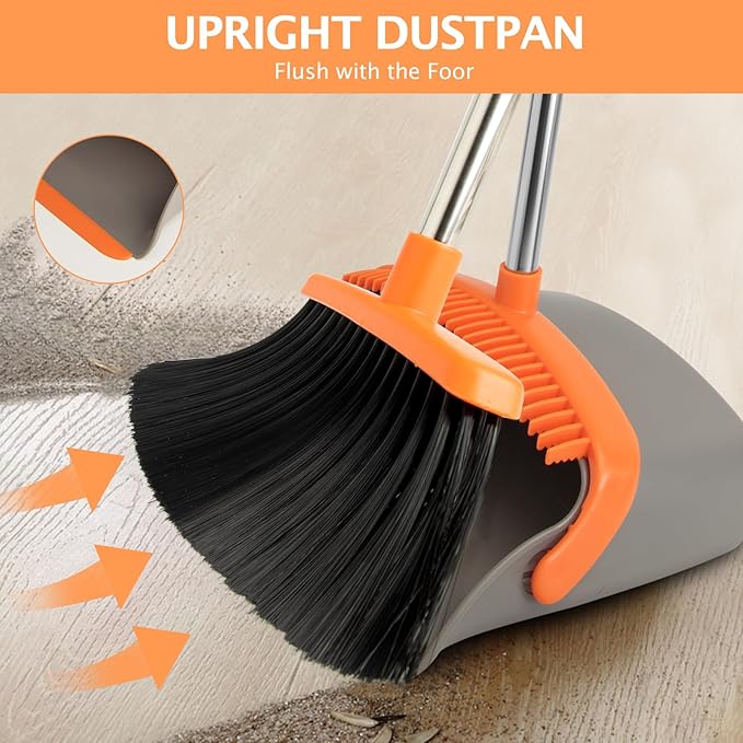 2-Pack Broom and Dustpan Set with Long Handle Heavy Dust Broom and Dustpan Combo for HomeKitchen Office Pet Hair(Gray Orange)