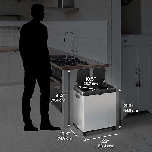 iTouchless 16 Gallon Sensor 2.0 Technology Dual Compartment Kitchen Trash Can and Recycle Bin with Wheels Stainless Steel Automatic 8 Gallon Per Side for Home Office Store Business