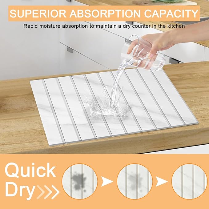 Large Stone Dish Drying Mat for Kitchen Counter with 3 Sanding block and Towel 24×16 Quick Drying Diatomaceous EarthSuper Absorbent Anti Slip Mat for Women Mom Grandma (Marble white)