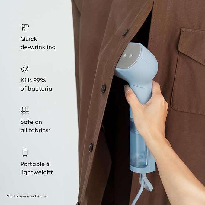 Steamery Handheld Clothes Steamer Cirrus Core 1350W Steam Output 0.74 oz/min Heat up in 15 Seconds Dry Steam Technology Hanging Loop Visible Water Tank Portable Scandinavian Design (Blue)