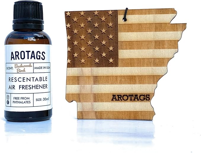 Arotags Car Air Freshener - Reusable Wood Diffuser - Hanging Odor Eliminator - Arkansas Patriot - Balsam &amp Cedar Scent
