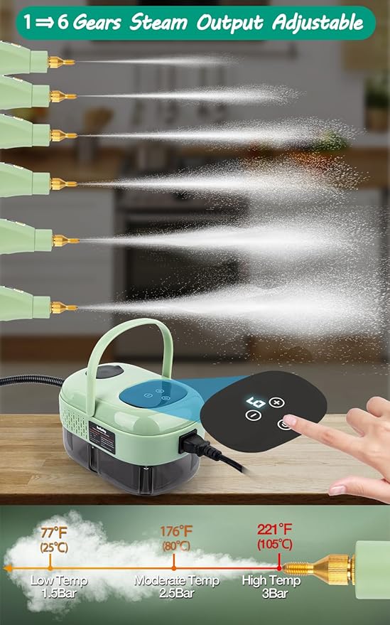 Steam Cleaner 2500W High Pressure Handheld Steamer 6-gears adjustable Portable Steam Cleaning Machine with 6 Brushes Cleaning for Home Use Kitchen BathroomHard SurfaceCar Detailing (Green)