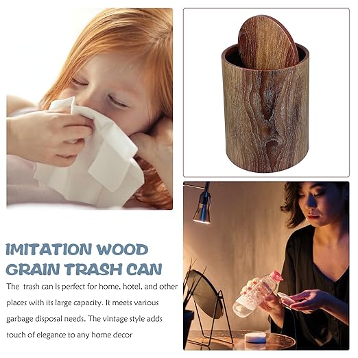 TIDTALEO Imitation Wood Grain Trash Can with Swing Lid 12L Double-Layer Round Wastebasket for Home Office Bathroom Kitchen Convenient Garbage Bucket