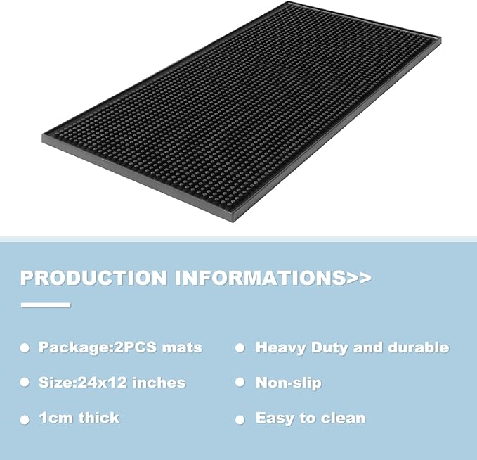 2 Pack Heavy-Duty Bar Mat Pad PVC Rubber Dish Drying Spill Matting for KTV Bar Glass Home (XL:24x 12)