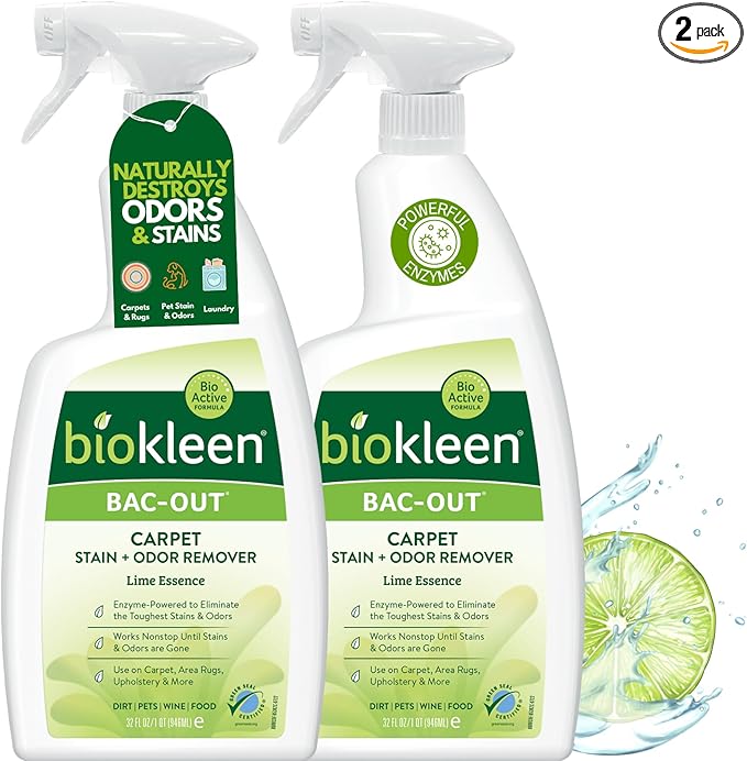 Biokleen Bac-Out Enzyme Cleaner Spray and Stain &amp Odor Remover for Pet Stains Laundry Diapers Wine Carpets &amp More Eco-Friendly Non-Toxic Lime Scent 32 Ounces (Pack of 2)