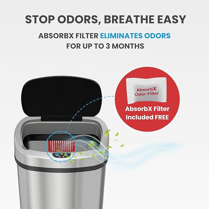 iTouchless 13 Gallon Oval Sensor Trash Can with Odor Filter Fingerprint-Proof Stainless Steel 50 Liter Automatic Kitchen Garbage Bin Smart Hands-Free Motion Lid Quiet Soft-Close Brushed Silver