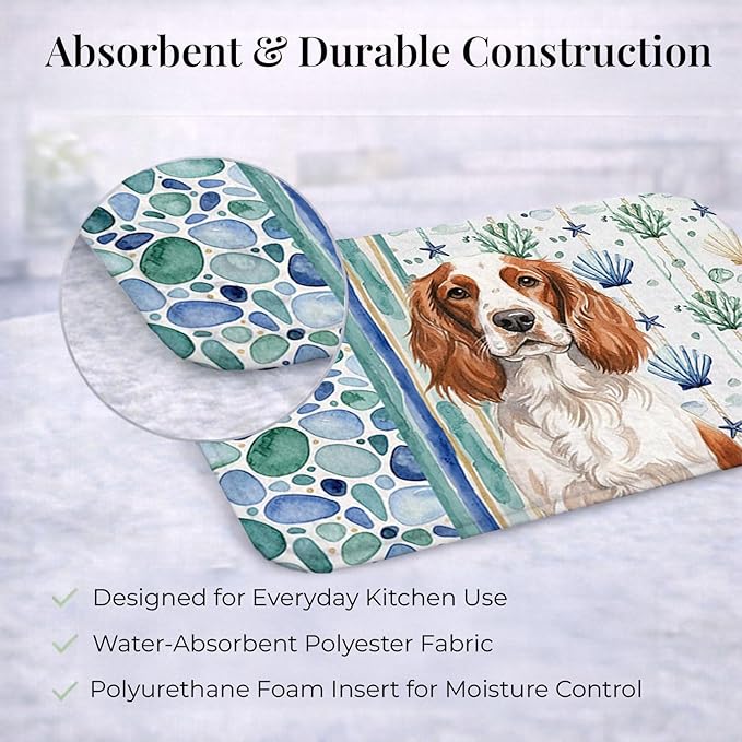 Caroline's Treasures Welsh Springer Spaniel Coastal Sea Glass Dish Drying Mat Absorbent Dish Drying Mat Pad for Kitchen Counter Dish Drainer Mat for Countertop 14 x 21 Multicolor