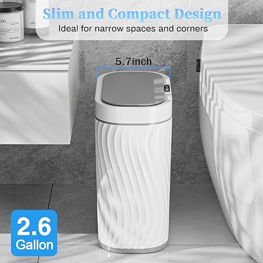 steo spce Automatic Motion Sensor Bathroom Small Trash Can with Lid 2.6 Gallon Touchless Slim Garbage Can Smart Waterproof Trash Bin for Bedroom Restroom Living Room Office