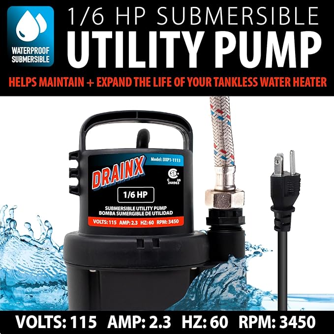 DrainX Tankless Water Heater Flushing Kit Includes Submersible Pump Hoses Liquid Descaler Solution and Measuring Bucket