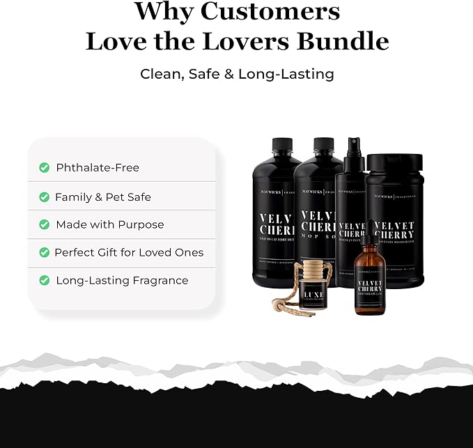 Fragrances - Lovers Bundle – 6-Piece Set | Velvet Cherry | Laundry Detergent 32oz Mop Soap 32oz Linen &amp Room Spray 8oz Diffuser Oil 2oz Upholstery Deodorizer 16oz &amp Car Diffuser