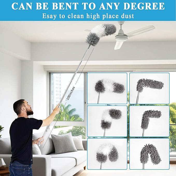 Microfiber Duster Kit 27pcs with 30 to 100 Inches Extension Pole and Wall Cleaner Mop Washable and Bendable Feather Duster for Cleaning Ceiling Fans High Ceilings Cobwebs Blinds Grey