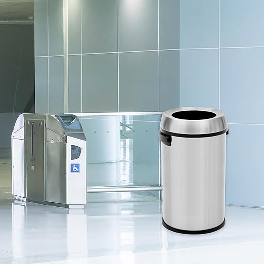 GarveeHome 17 gal/65 L Open Top Trash Can Stainless Steel Rubbish Bin Commercial Grade Waste Container Round Garbage Can for Outdoor Home Office Restaurant Silver