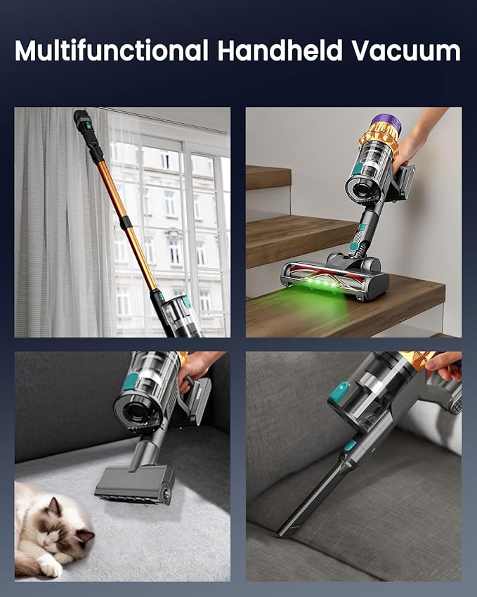 Cordless Vacuum Cleaner 650W 55KPA 60 Mins Vacuum Cleaners for Home Powerful Stick Vacuum Green Light Anti-Tangle &amp Sofa Brush Rechargeable Wireless Vacuum for Pet Hair/Carpet/Hardwood FloorGol