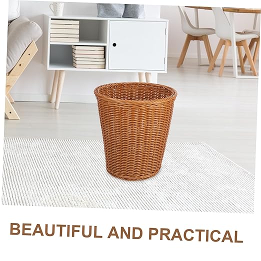PRETYZOOM Rattan Woven Trash Can No Lid Wastebasket for Home Kitchen Office Handcrafted Rubbish Container Sturdy Stylish Design Waste Basket