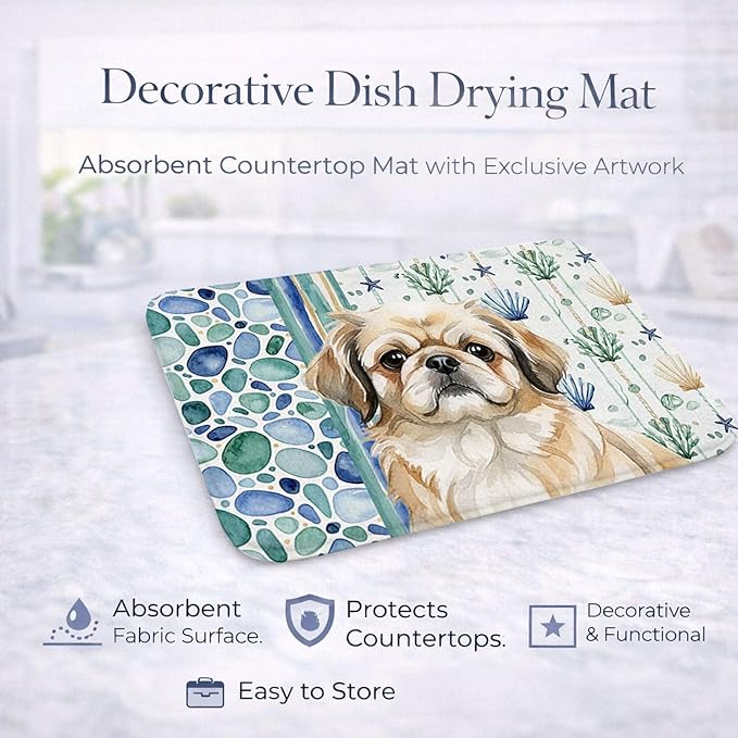 Caroline's Treasures Fawn Pekingese Coastal Sea Glass Dish Drying Mat Absorbent Dish Drying Mat Pad for Kitchen Counter Dish Drainer Mat for Countertop 14 x 21 Multicolor