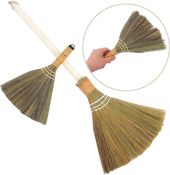 2pcs Miscanthus Hand Brush Broom Soft Bristle Cleaning Tool for Home Asian Broomstick Detachable Head Handheld for Dust Removal