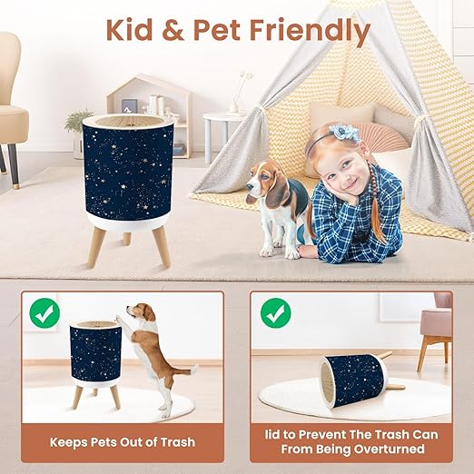 Bathroom Trash Can with Lid Seamless Galaxy Blue Gold Constellations Stars Golden Space Garbage Bin Waste Basket for Kitchen Office Bedroom Decoration Diaper Pail 1.8 Gallon