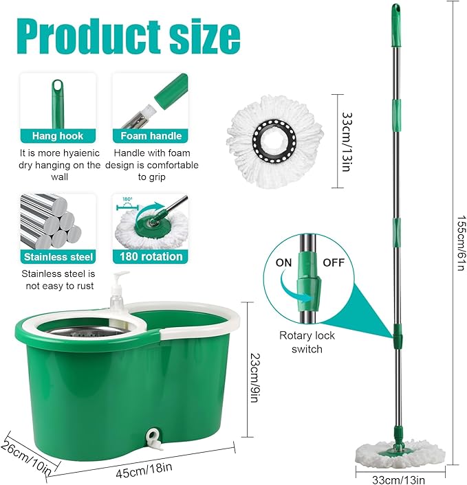 Spin Mop and Bucket with Wringer Set 360° Spinning Mop Bucket System with 3 Microfiber Mop Replacement Heads and 61 Stainless Steel Adjustable Handle for Floor Cleaning (20QT)