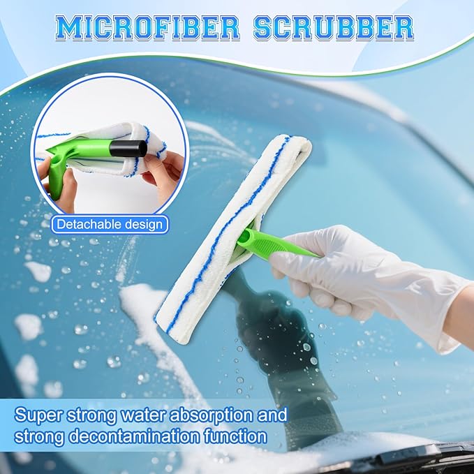 Window Cleaning Kit Window Squeegee Recyclable Silicone Window Squeegee Kit 3 in 1 Glass Cleaning Tool with Rotatable Rubber Microfiber Scrubber (1 Set)