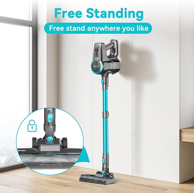 DEVOAC N300 Cordless Vacuum Cleaner 6 in 1 Lightweight Stick Vacuum 2200mAh Battery Up to 40mins Runtime Powerful Handheld Vacuum for Hard Floor Rug Pet Hair Home Dorm (Cyan)