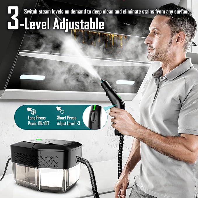 Steam Cleaner 3-Level Adjustable Handle 15s Heat-Up Steamer for Cleaning With 1.8L Large Tank Dry Burn Protection Handheld Steam Cleaner for Home Bathrooms TileGroutCar with 12pcs Accessories