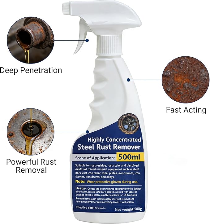 Highly Concentrated Steel Rust Remover Instant Rust Cleaning Spray Powerful Rust Stain Remover for Tools Automotive Parts Stainless Steel Fast Acting Rust Cleaner 500ml (500 ML)