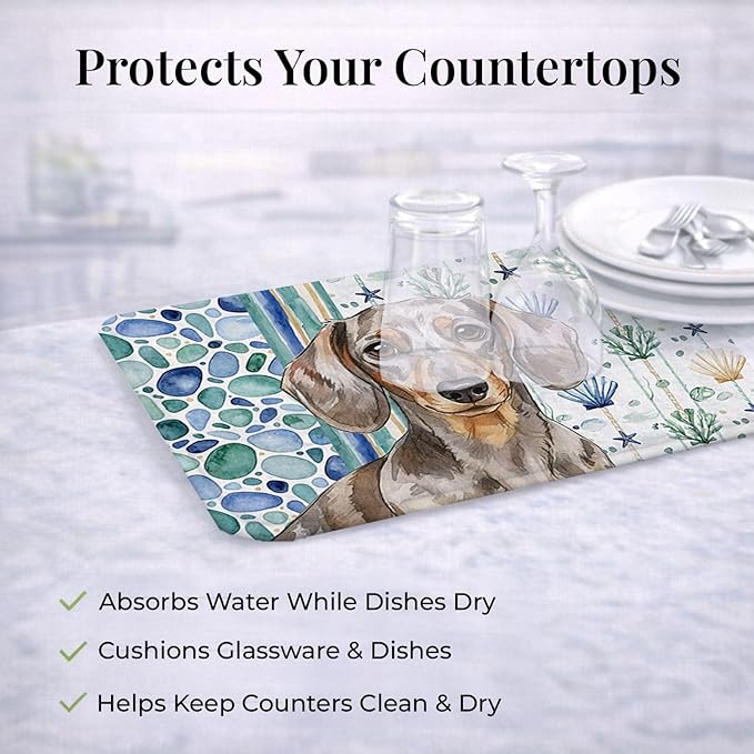 Caroline's Treasures Dapple Dachshund Coastal Sea Glass Dish Drying Mat Absorbent Dish Drying Mat Pad for Kitchen Counter Dish Drainer Mat for Countertop 14 x 21 Multicolor
