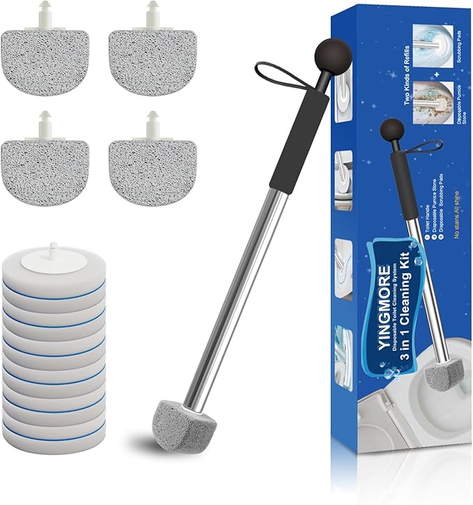 Toilet Pumice Stone with Handle 16.14 Inch Pumice Stone Toilet Bowl Cleaner with 4 Pumice Stones ＆ 6 Sponge Toilet Cleaning Heads Wall Mounted Toilet Cleaner Compact Toilet Bowl Brush Scrubber