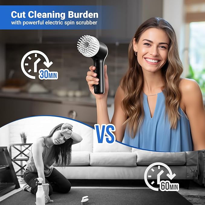 Electric Spin Scrubber Cordless Shower Scrubber with Battery Level Display 2 Speeds Electric Scrubber for Cleaning with 6 Replaceable Heads Cleaning Brush for Bathroom/Sink/Window