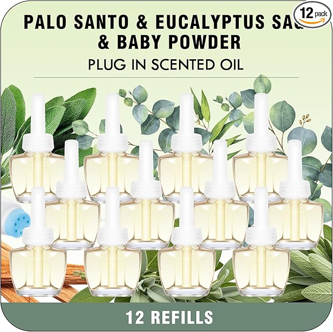 Plug Ins Refills Air Freshener - Palo Santo Eucalyptus &amp SageBaby Powder Scent -12 Count Compatible with Air Wick &amp Glade Not Include Glade Plus