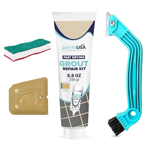 Pentausa Premixed Acrylic Sanded Tile Grout Repair Kit - Ready to Use Grout Renew Filler for Bathroom Shower &amp Kitchen Tile with Grout Removal Tool Applicator &amp Sponge (8.8 Oz - 250gr) (Be